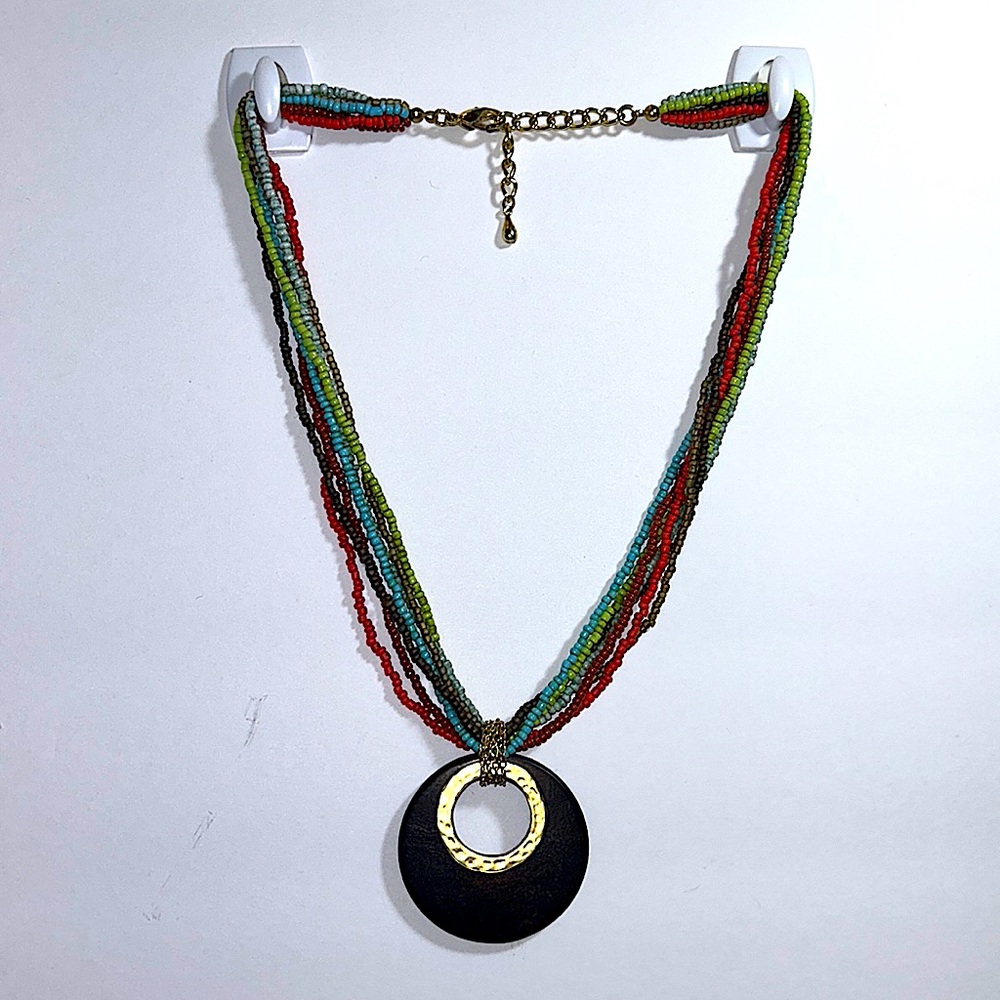 Seed Bead Necklace with Wooden Pendant